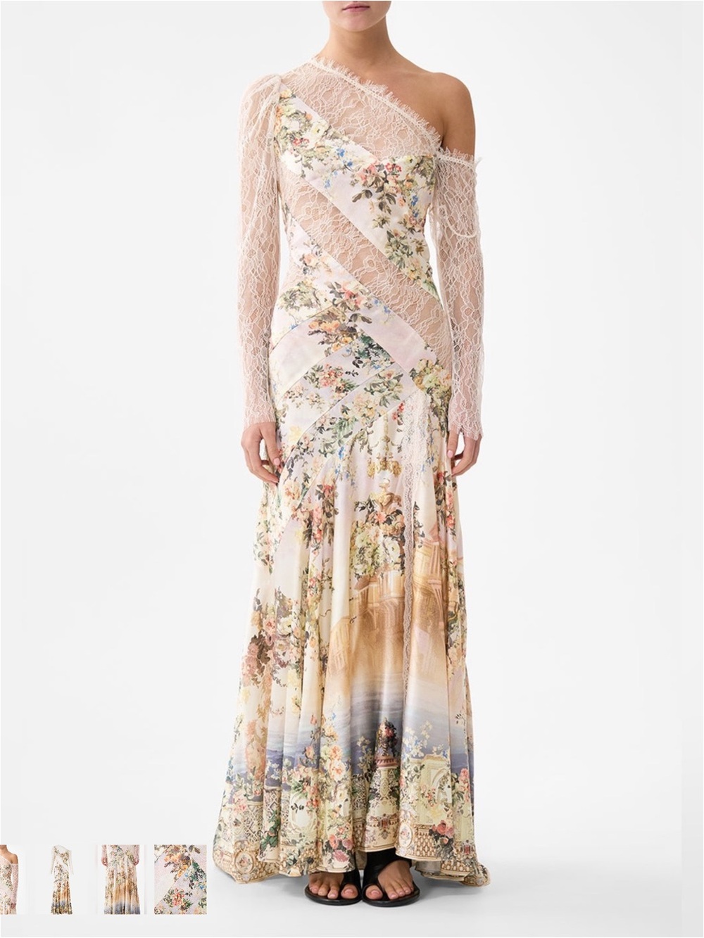 Camilla One-Shoulder Floral Lace Maxi Dress in Blush and Pastel Print